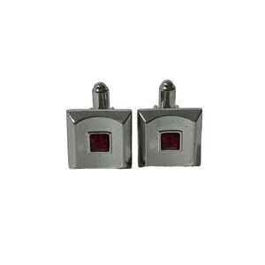 Vintage Hickok Square Silver Tone Cufflinks Red Stone Signed Marked USA